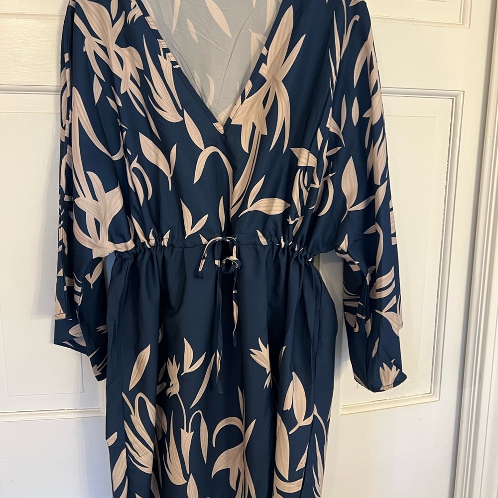 Navy Blue Floral Drawstring Waist Dress